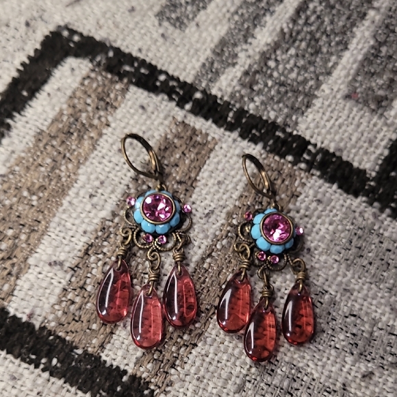 Multicolored Bohemian Dangle Earrings with Red Teardrop Accents - Picture 1 of 7